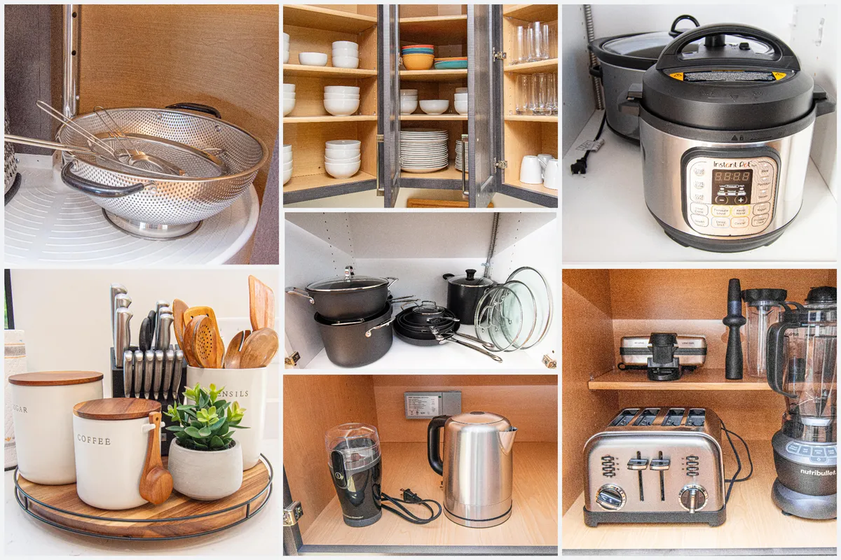 A close-up view of the kitchen’s essential tools: appliances, a utensil holder, ample storage cabinets, organized cutlery, and neatly arranged plates and glasses. The setting feels inviting and practical, underscoring the kitchen’s readiness for any cooking endeavor.