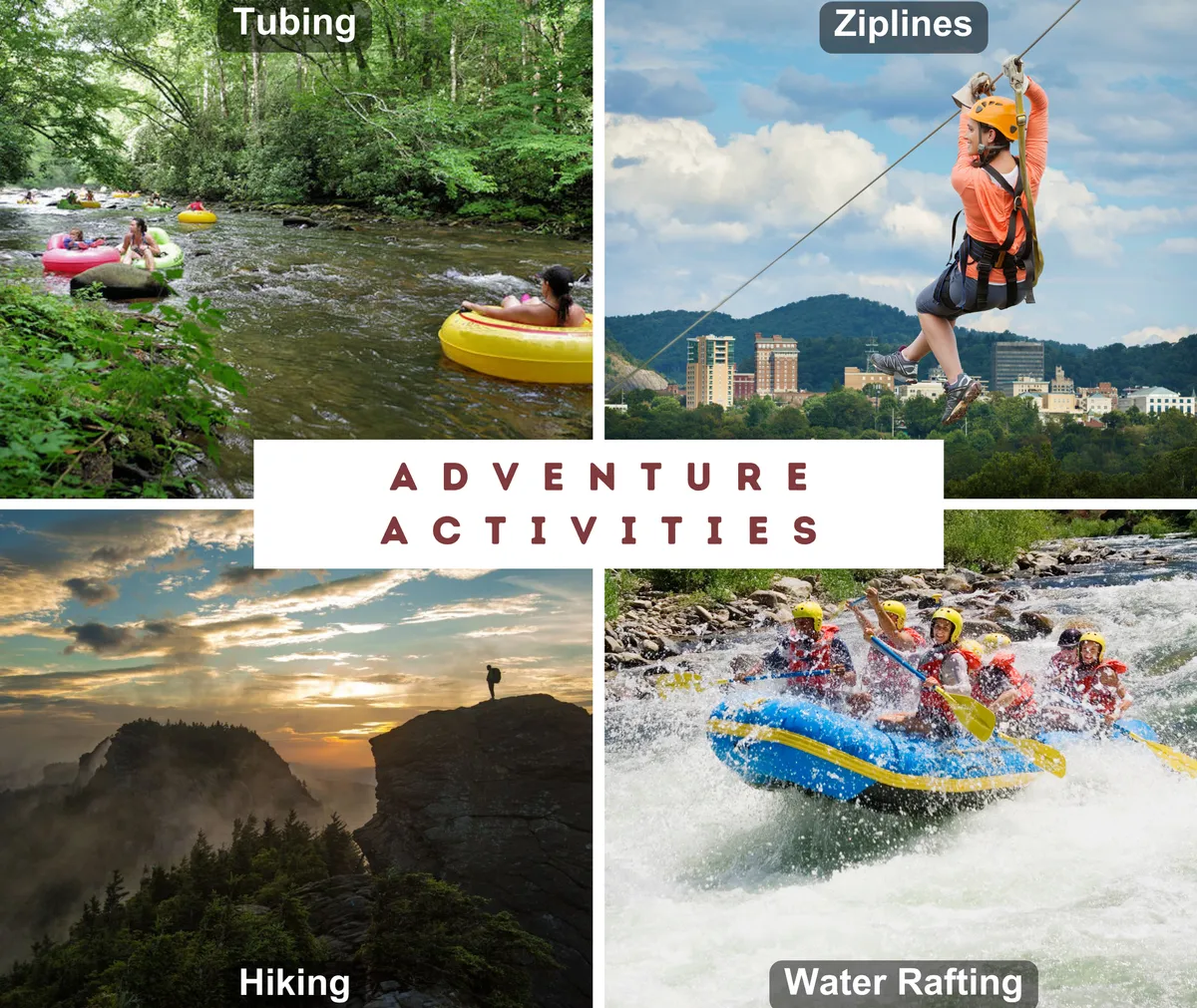 A vibrant scene of adventurous group activities including river tubing, ziplining over scenic landscapes, hiking on a mountain trail, and water rafting. The image exudes energy and excitement, showcasing the variety of outdoor pursuits available nearby.