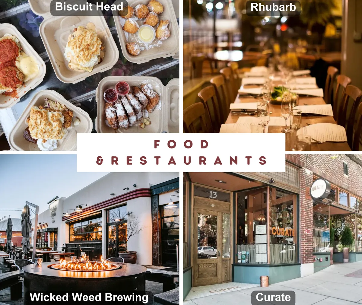 A communal dining table is set with a variety of local food dishes, positioned outdoors near a fire pit, with glimpses of restaurant exteriors in the background. The image showcases communal meals, local cuisine, and a vibrant food culture.